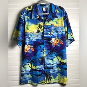 Vintage Palmwave Hawaiian Shirt XL Beach Surfer Sunset Floral Multicolor blue